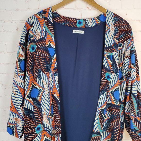 Cache Cache Womens Viscose Open Front Blazer Jacket Kimono L Ethnic Orange Blue - Picture 11 of 13